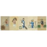 Five Chinese rice pith paper paintings of workers, mounted, framed and glazed as one, each 10cm x