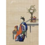 Chinese pith paper painting of a seated female with lucky objects, mounted, framed and glazed,