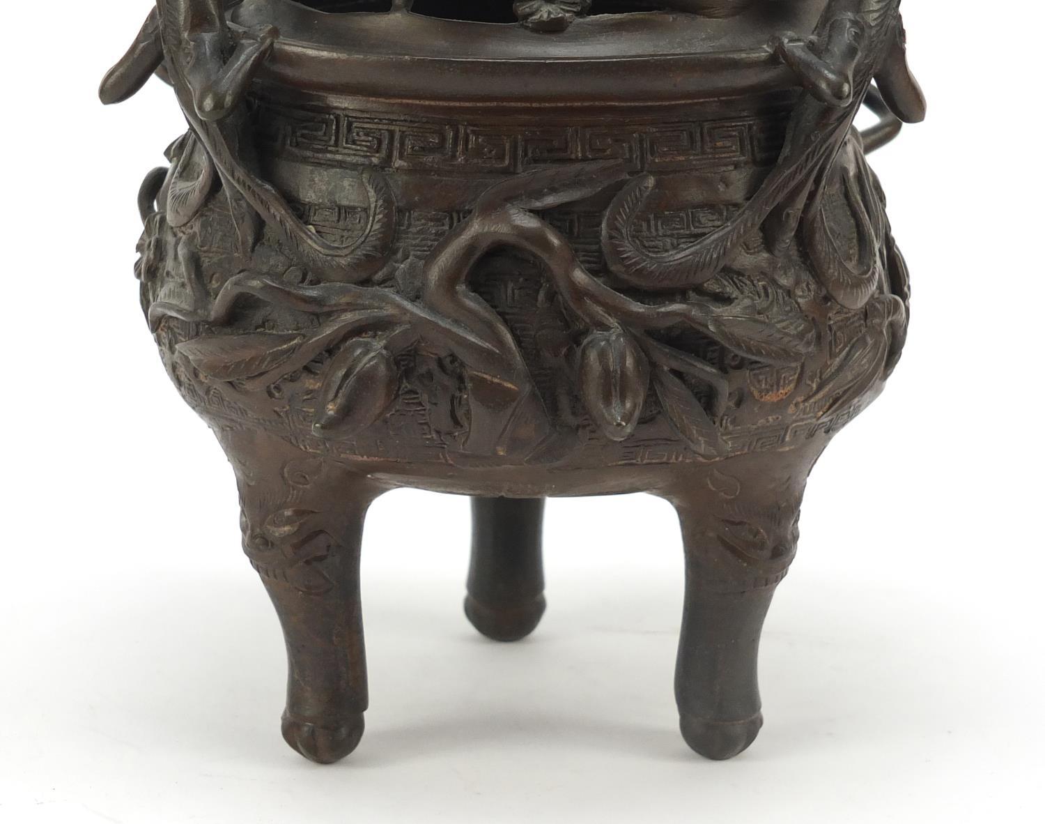 Chinese patinated bronze tripod censer with figural cover, 27cm high : For Further Condition Reports - Image 3 of 10