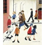 After Laurence Stephen Lowry - Figures in a street, oil on board, framed, 33.5cm x 28.5cm