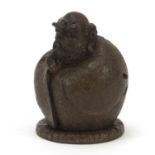 Japanese patinated bronze incense burner in the form of a man, character marks to the base, 7cm high