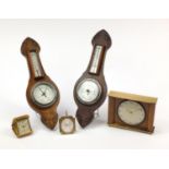 Clocks and barometers including two oak wall hanging barometers, Art Deco Smith's and Swiza, the
