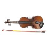 Old wooden violin with bow and case, the violin back 13.5 inches in length : For Further Condition