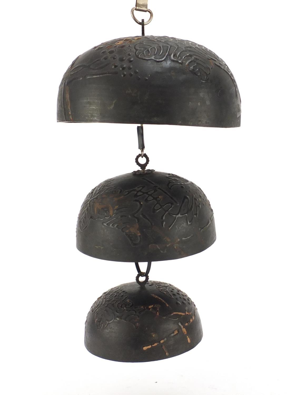 Three graduated Chinese temple bells, including two hand painted and engraved with flowers, the - Image 4 of 5