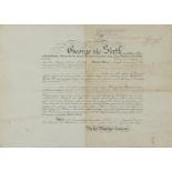 George VI document signed in ink by George VI and H Clements, mounted and framed, 54cm x 39cm