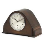 Art Deco oak cased Westminster chiming mantle clock with silvered dials having Arabic numerals, 34cm