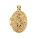9ct gold oval locket with floral chased decoration, 3cm in length, 2.2g : For Further Condition