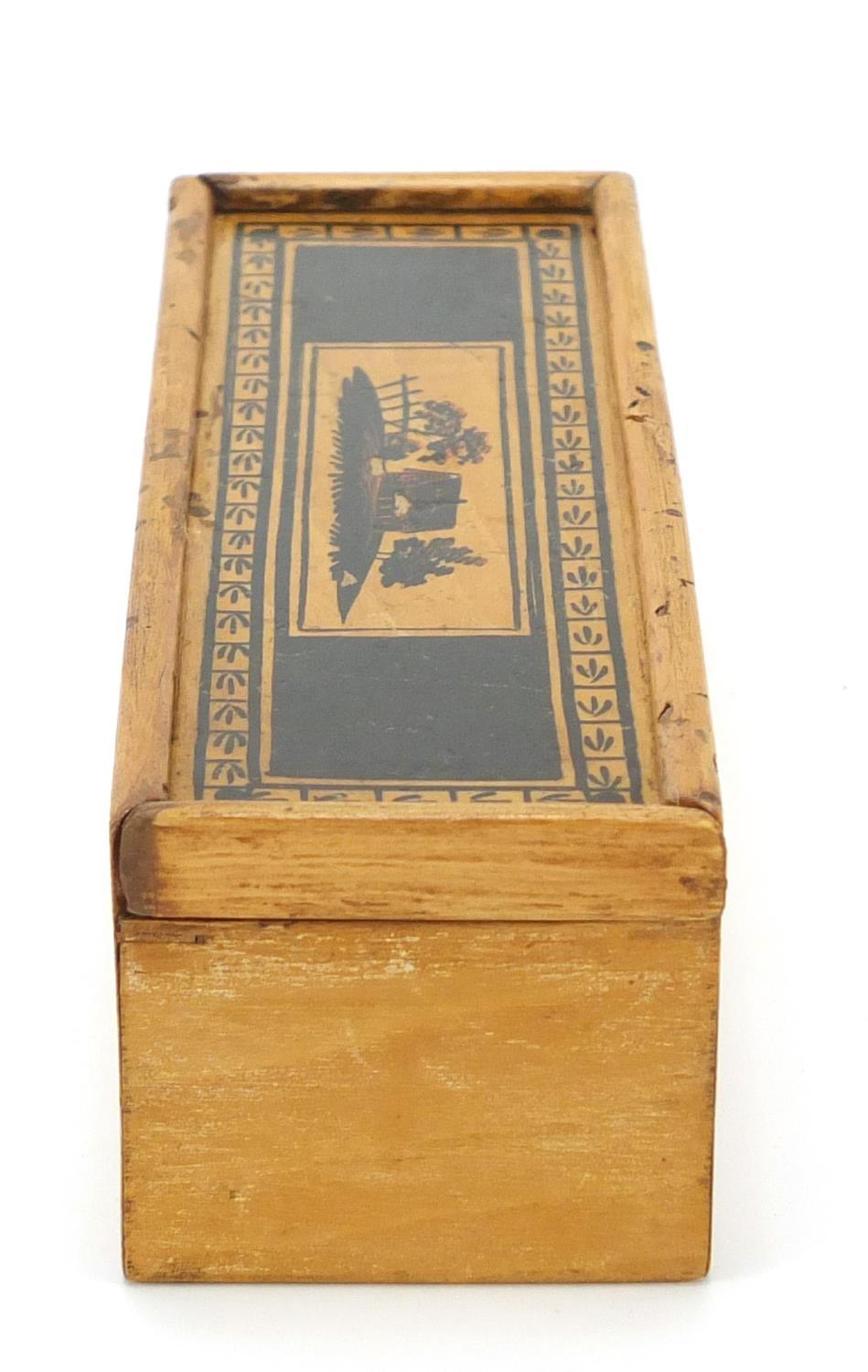 Early Georgian Tunbridgeware whitewood cotton reel box painted with a cottage and trees, 17cm wide : - Image 8 of 12