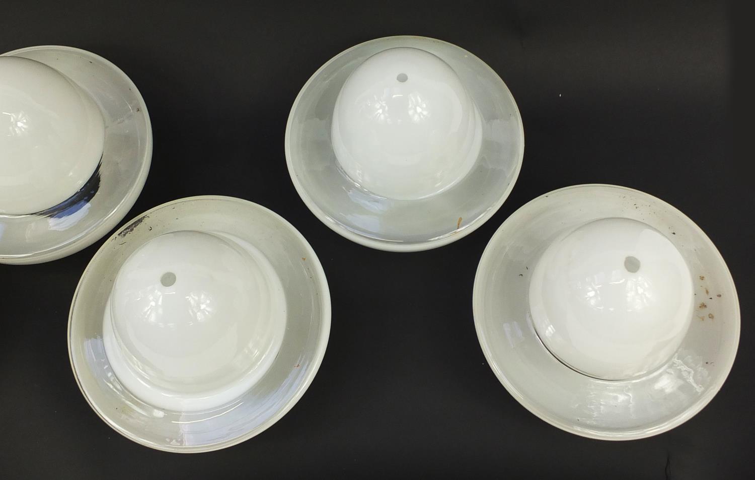 Set of six Art Deco opaque and clear glass light pendants with fittings, each 25cm in diameter : For - Image 5 of 11