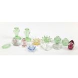 Colourful glassware including green Art Deco glass dressing table set, Wedgwood paperweight and