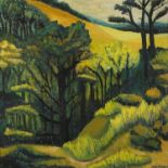 Lorna Green - Landscape with trees, oil on board, mounted and framed, 73.5cm x 73.5cm excluding