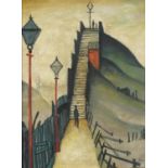 After Laurence Stephen Lowry - Industrial scene with lamp posts, oil on board, framed, 39cm x 28cm