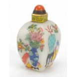 Chinese glass snuff bottle hand painted with lucky objects, character marks to the base, 7.5cm