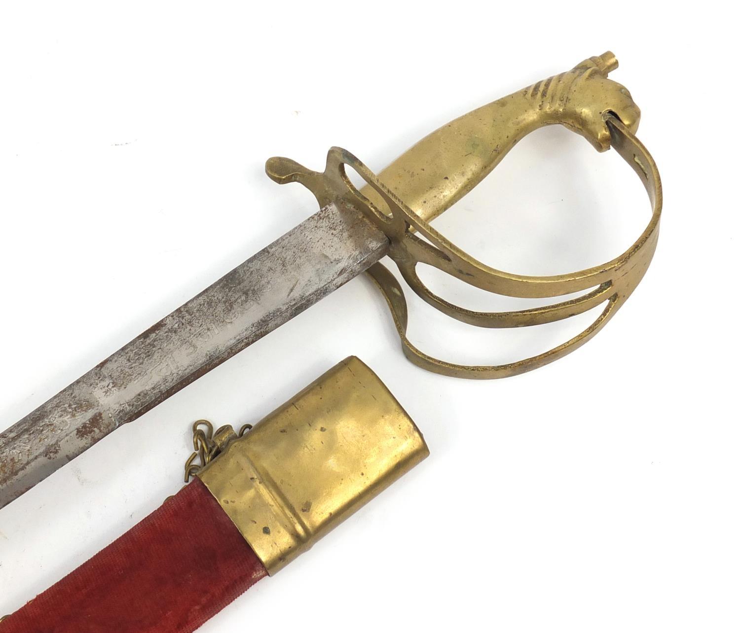 Brass ceremonial dress sword with red velvet scabbard and engraved stell blade, 96cm long : For