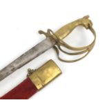 Brass ceremonial dress sword with red velvet scabbard and engraved stell blade, 96cm long : For