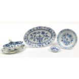 19th century Blue Onion pattern china by Meissen and Hutschenreuther including a bowl and a sauce