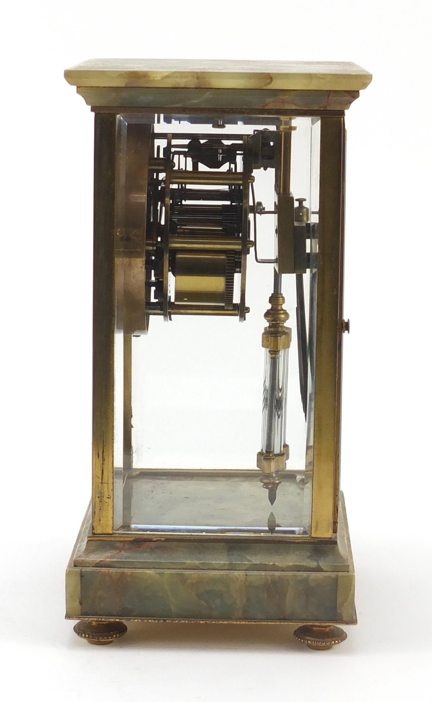 19th century French onyx and brass four glass mantle clock striking on a gong, the enamelled dial - Image 4 of 8