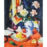 Still life flowers in a vase with fruit, Scottish Colourist school oil on board, framed, 60cm x 49cm