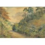 C M Broom - Path through woodland with fox, watercolour, mounted, framed and glazed, 67.5cm x