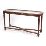 Mahogany hall table with glass top and X stretcher, 57cm H x 130cm W x 45cm D : For Further