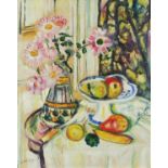 Still life fruit and flowers, Scottish Colourist school, oil on board, framed, 50cm x 39.5cm