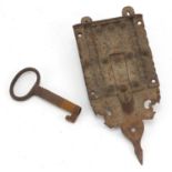Antique steel lock with key, 28cm in length : For Further Condition Reports Please Visit Our