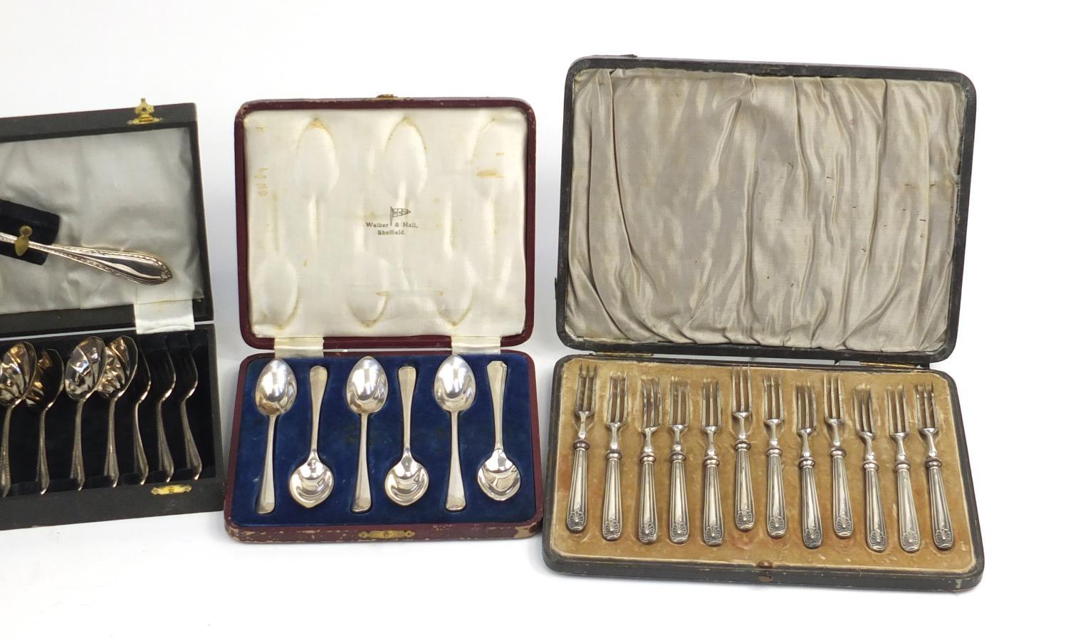 Five cutlery sets housed in fitted boxes, the largest 27.5cm wide : For Further Condition Reports - Image 4 of 15