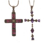 Two 925 silver cruciform pendants on chains, each set with colourful stones, the largest pendant 6.