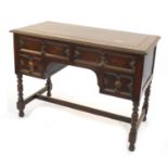Oak writing desk with tooled leather insert, 74cm H x 105cm W x 53cm D : For Further Condition