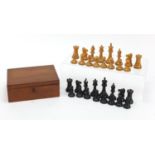 Boxwood and ebony Staunton chess set, possibly by Jacques, with mahogany box, the largest piece