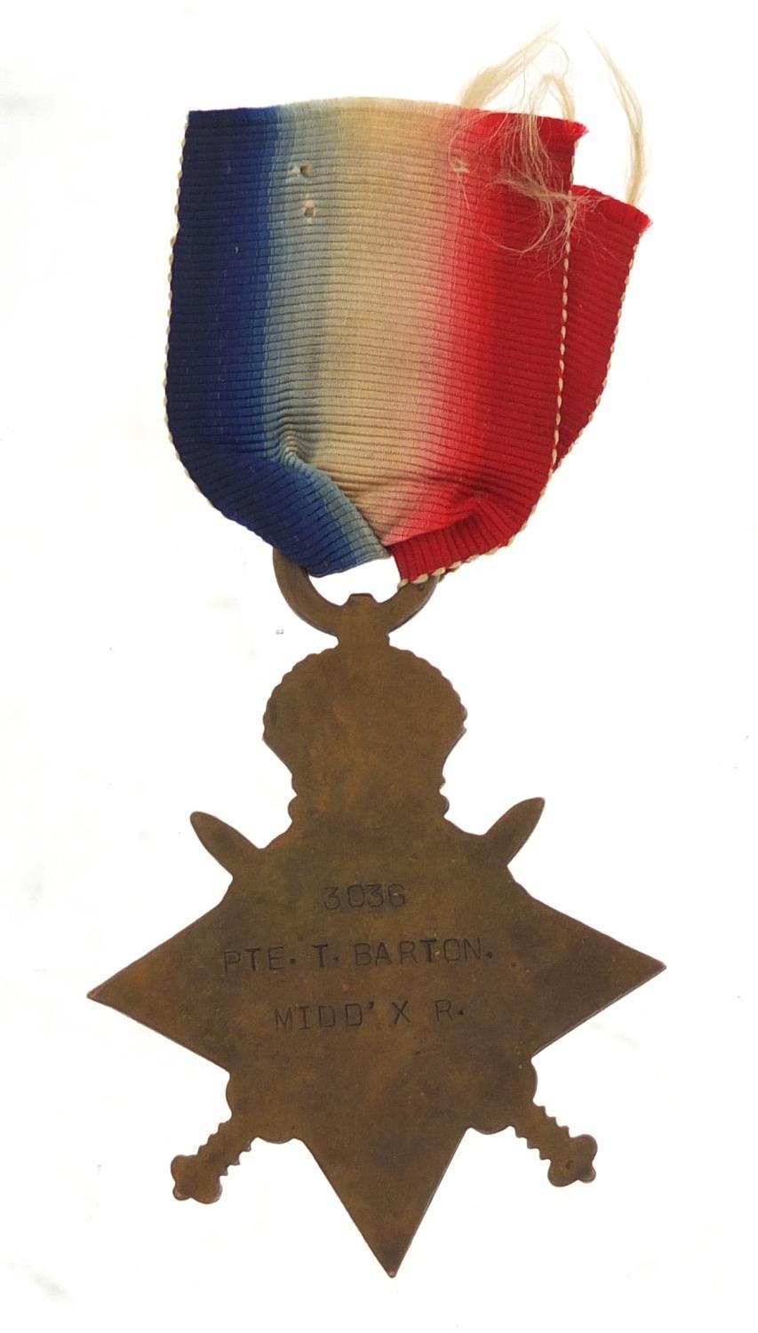 British military World War I 1914-18 Star awarded to 3036PTE.T.BARTON.MIDD'XR. (Royal Flying - Image 2 of 4