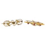 Unmarked gold garnet and seed pearl bar brooch and a gilt metal brooch, 4.5cm in length, 4.5g :