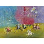 Horseracing scene, French school oil on board, framed, 59.5cm x 44cm excluding the frame : For