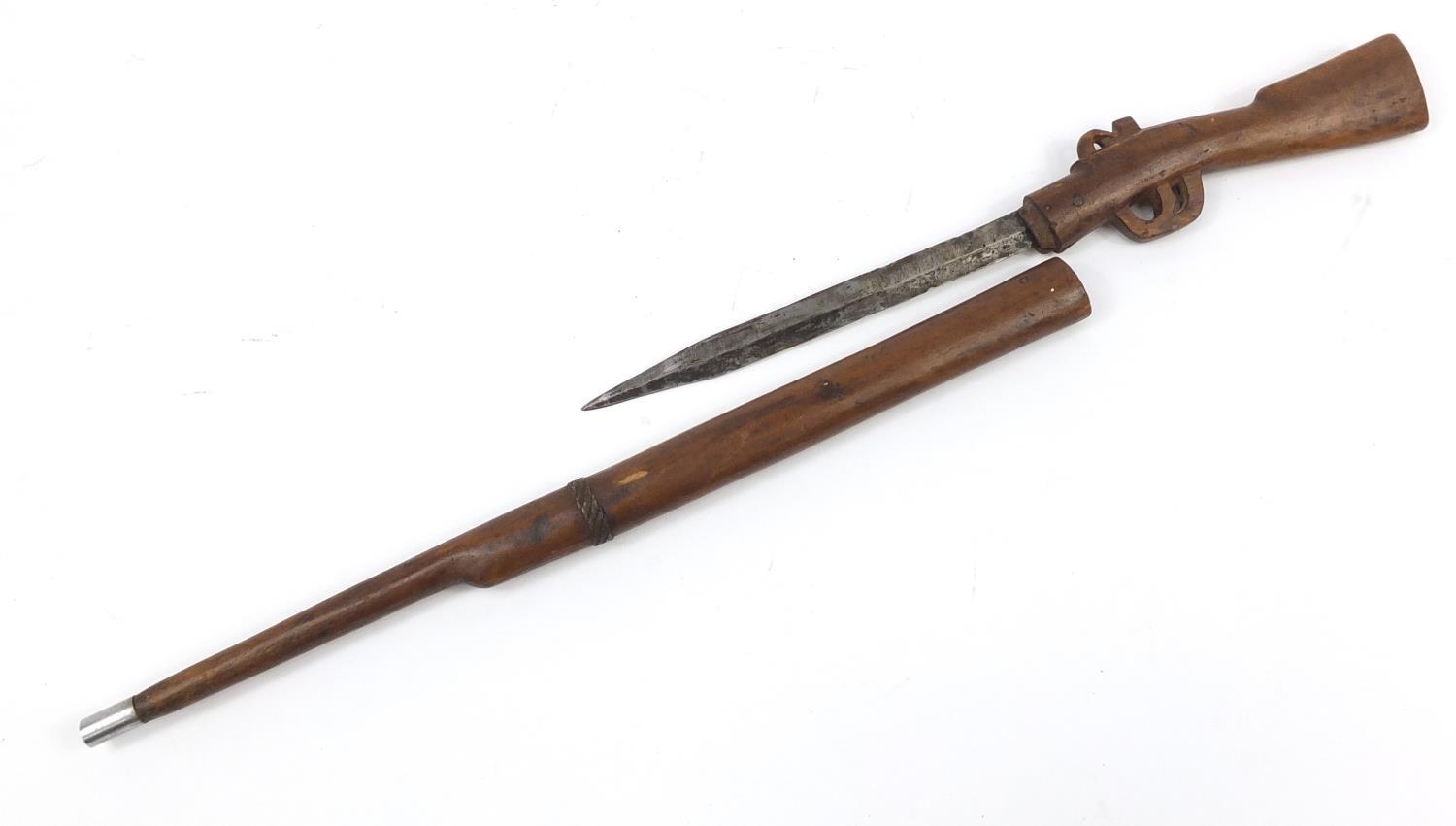 African carved wood sword stick in the form of a rifle, 86cm in length : For Further Condition - Image 2 of 4