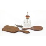 Objects including a silver and guilloche enamel cut glass atomiser and two hand mirrors : For