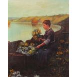 Woman picking flowers before water, Camden school oil on board, framed, 62cm x 49cm excluding the