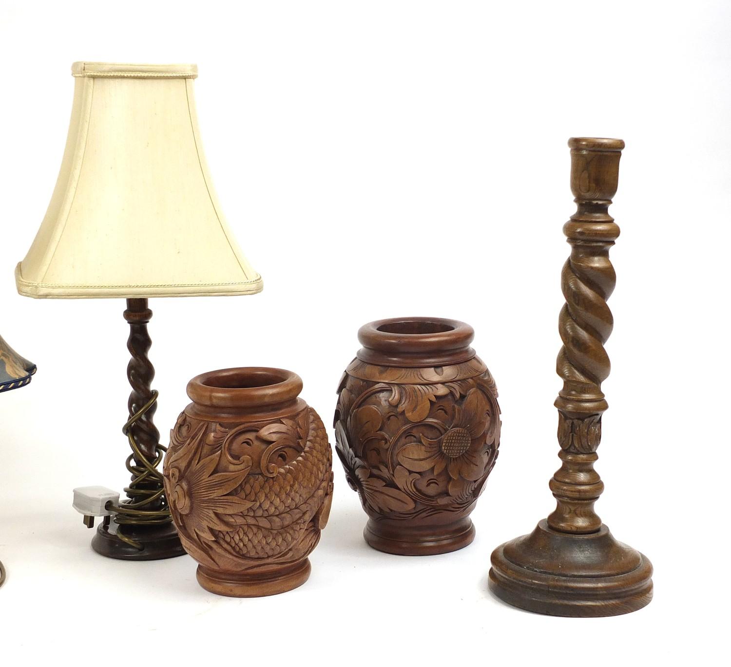 Wooden ware including and Art Deco swing mirror, three carved oak barley twist lamps with shades and - Image 4 of 4