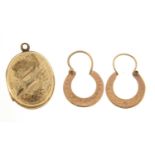 Pair of 9ct gold hoop earrings, 0.7g and a gilt metal locket, the locket 2.1cm high, 2.5g : For