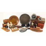 Miscellaneous items including a Victorian walnut writing slope, alarm clocks, pair of silver mounted