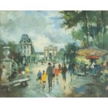 Parisian market scene, vintage print in colour, framed and glazed, 54.5cm x 45cm excluding the frame