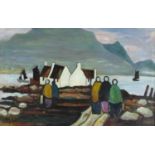Figures before cottages and water, Irish school oil on board, framed, 58.5cm x 36.5cm excluding