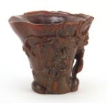 Chinese libation cup carved with two elders, 11cm high : For Further Condition Reports Please