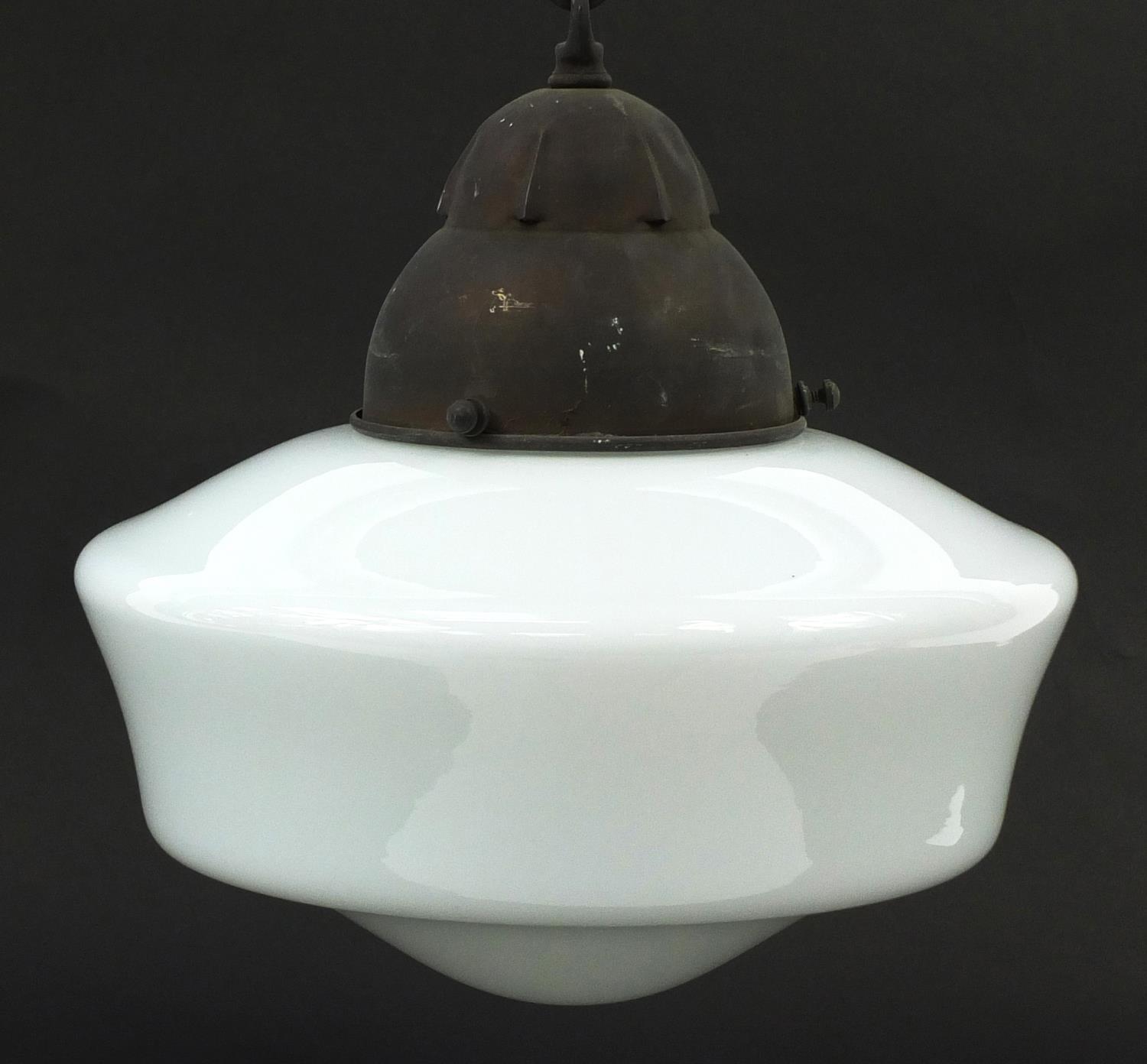 Two Art Deco glass light pendants with fittings including a frosted and clear glass example, the - Image 3 of 10