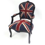 French Empire style open arm chair with Union Jack design upholstery, 93cm high : For Further