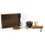 Sundry items including an oak tray, Susie Cooper mug, Royal Brierley Coronation mug, Bakelite box