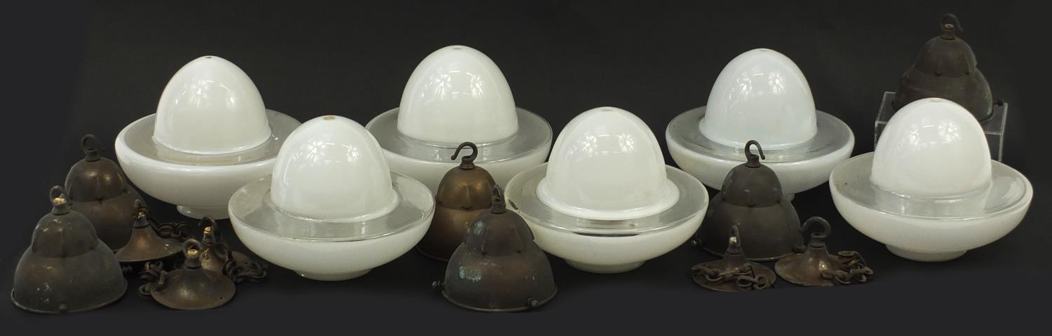 Set of six Art Deco opaque and clear glass light pendants with fittings, each 25cm in diameter : For - Image 9 of 11