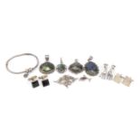Silver jewellery including semi precious stone pendants, giraffe earrings and cufflinks, 100.8g :