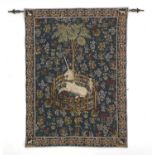 Medieval style wall hanging tapestry of a unicorn under a tree, 110cm x 82cm : For Further Condition
