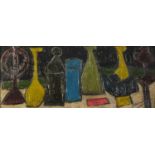 Abstract composition, still life objects, impasto oil on board, framed, 79cm x 32cm excluding the