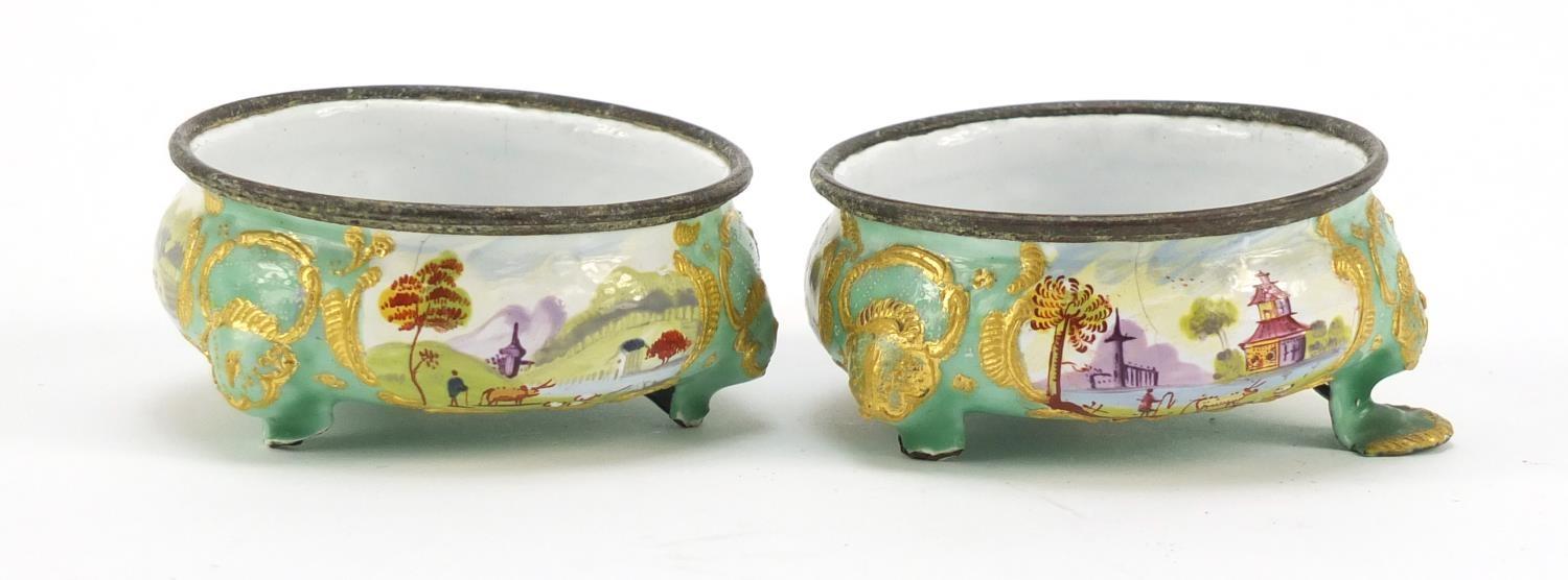 Pair of 19th century French enamel salts, hand painted with panels of farm and landscape scenes, 7cm - Image 2 of 7